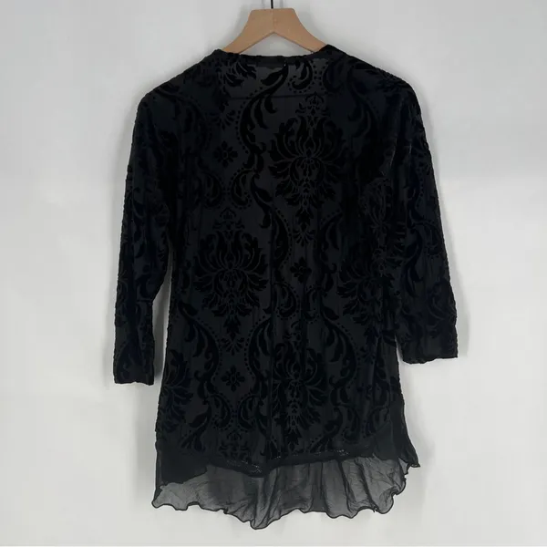 Maurices Black Sheer Floral Burnout Velvet Chiffon Lace Trim Open Front Cardigan - Image 9