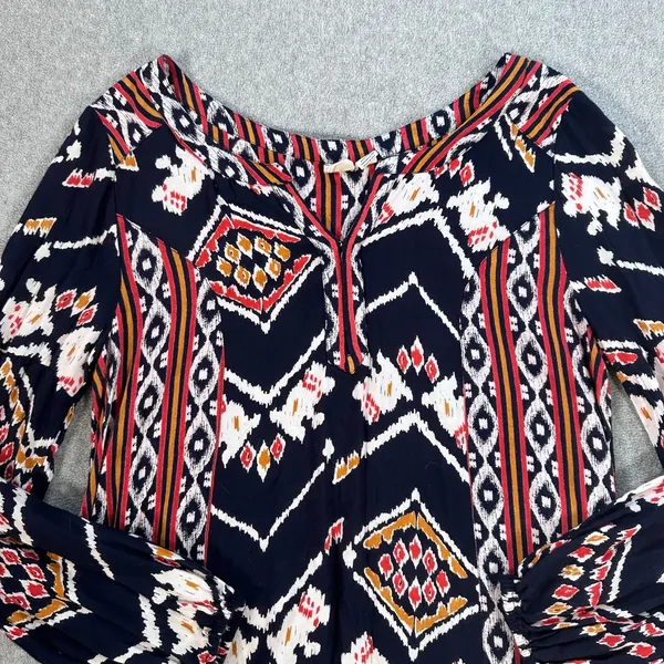 Roxy High Low Tunic Blouse Size Small 3/4 Sleeve Blue/Orange Southwestern - Image 3