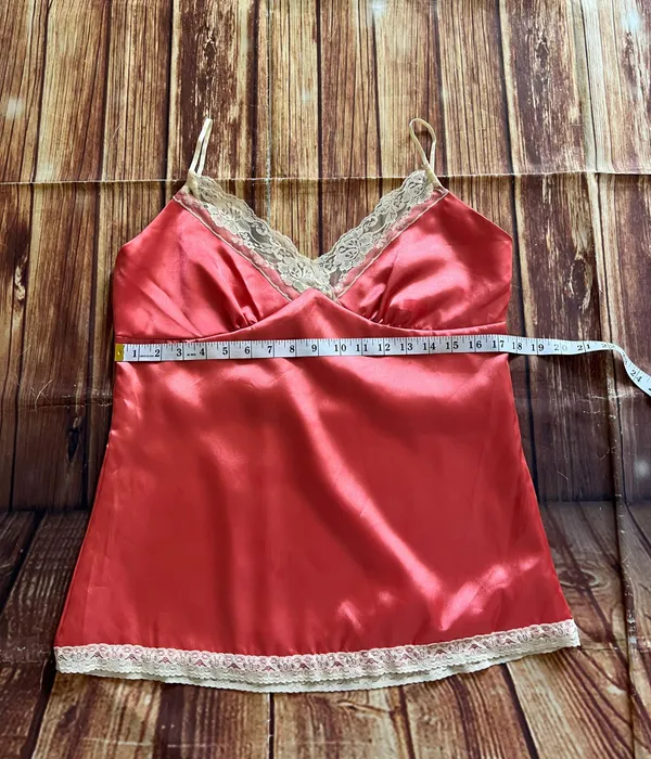 Women Sleeveless V-Neck Spaghetti Straps Peach Satin Camisole Top Size XL - Image 4