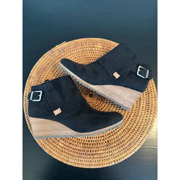 Dr. Scholls Be Energized Black Wedge Ankle‎ Boots Buckle Zip Booties Womens - Image 5