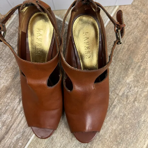 Ralph Lauren Hannie Brown‎ T Strap Peep Toe Wedge Sandals Leather Sz 8.5 - Image 6