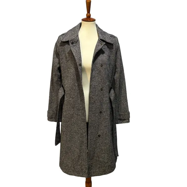 Vintage Y2K Old Navy Gray Herringbone Trench Coat Duster Jacket Medium - Image 5