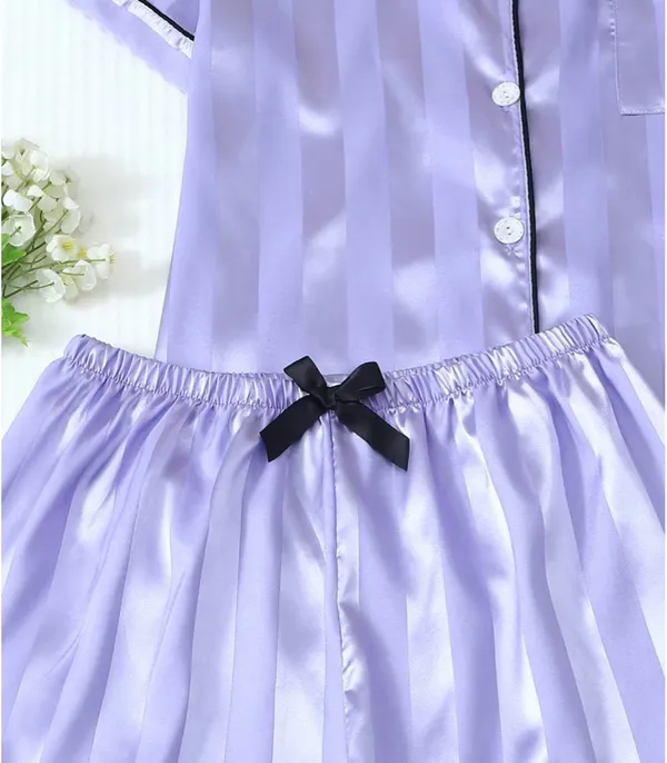 Boutique Women’s 2pcs Satin Striped Pajama Set with Short-sleeve Lapel Top and Bow Shorts - Image 5