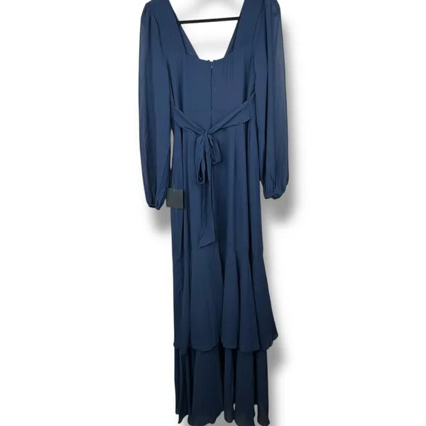 NEW Lulus Tier Elegance Navy Long Sleeve V-Neck Chiffon Tiered Maxi Dress Medium - Image 7