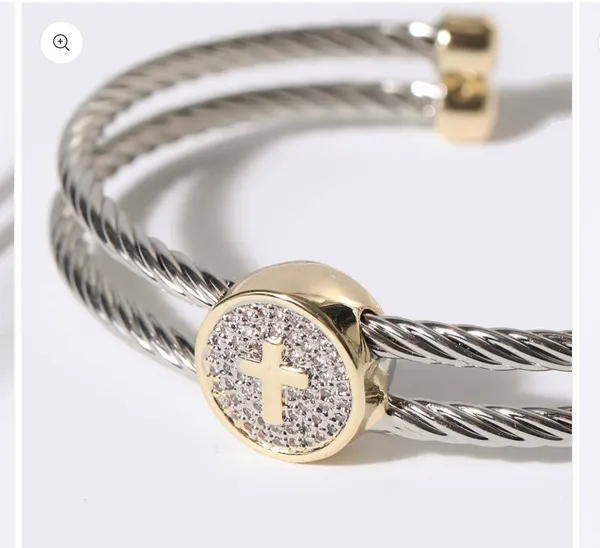 Cross Detail Twisted Double Wire Cuff Bangle Bracelet Silver - Image 2