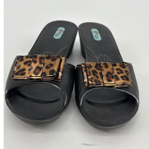 Oka-B Leopard‎ Bow Wedge Sandals Womens 6 Black Slides Shoes Made in USA - Image 3