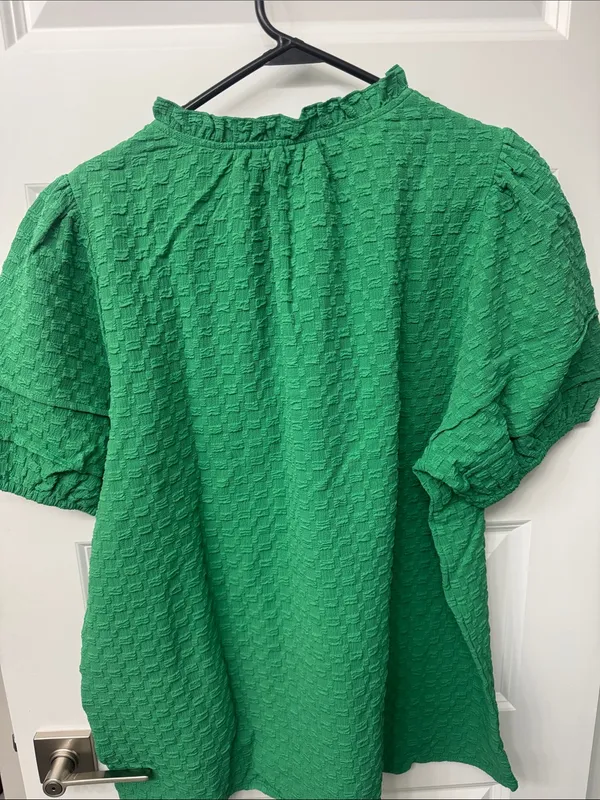 Textured Green Puff-Sleeve Women's Blouse - Image 2