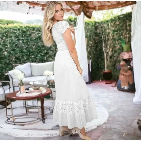 ✨Anna-Kaci Lace Cap Sleeve Lace Trim Ruffle Flared Hem Maxi Cream Sz S Dress✨ - Image 2