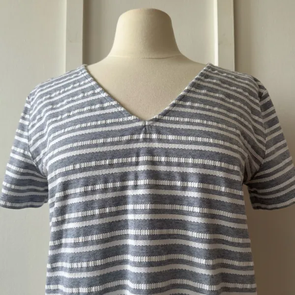 Loft Blue and White Textured Stripe V-Neck Tee - Image 2