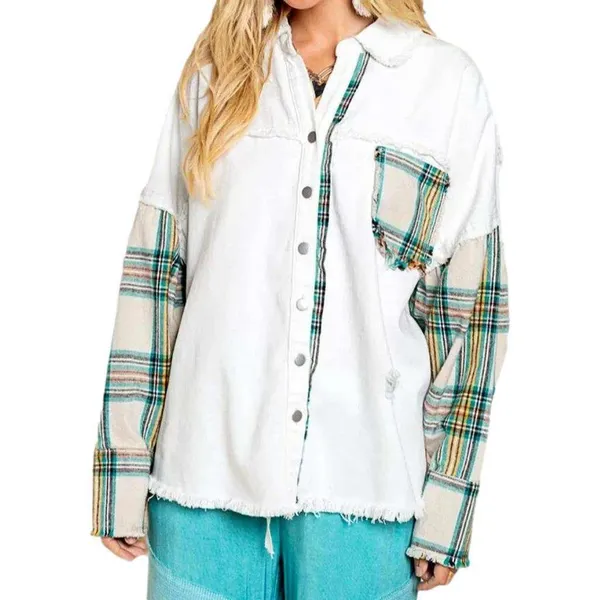 POL White Denim Shacket Plaid Contrast Distressed Raw Hem XL Oversized - Image 2