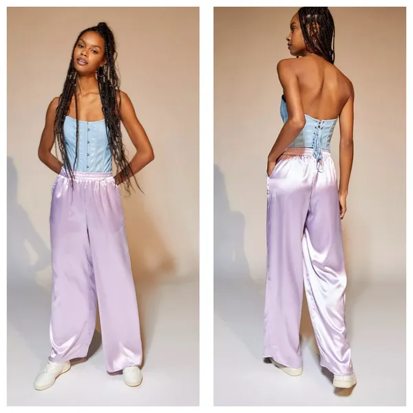 Urban Renewal Remnants Satin Puddle Pants Medium Baby Blue Stretch Wide Leg - Image 15