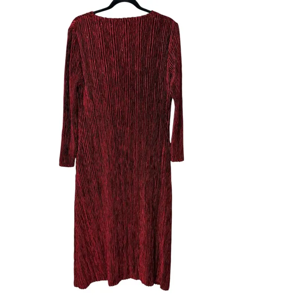 Red Pleated Long Sleeve V-Neck Midi Dress Shimmer Textured Red - Image 2
