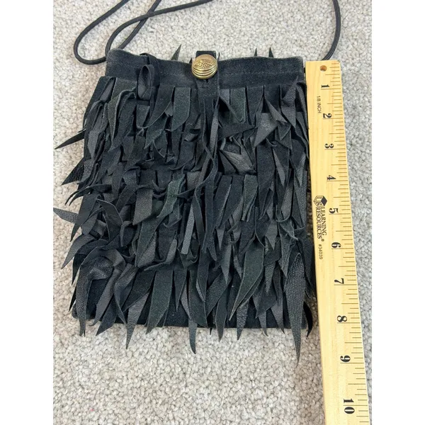 Kathryn Laibson Black Suede Fringed Crossbody Bag Boho‎ Festival Button Closure - Image 3