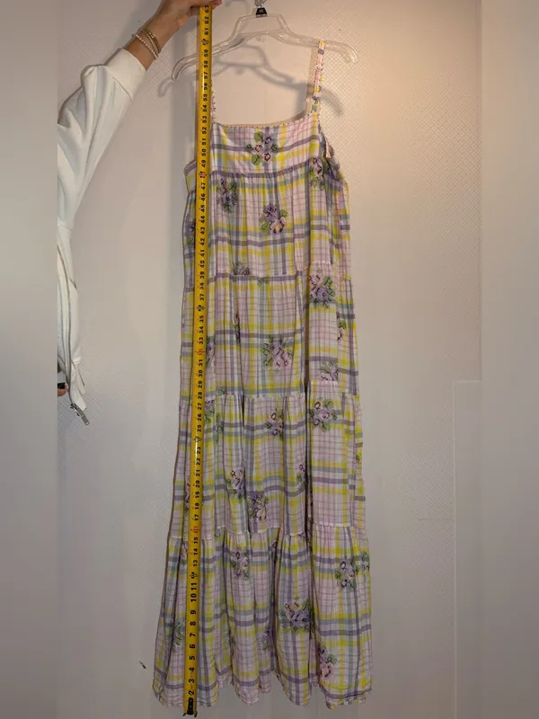 Anthropologie Payal Pratap Pastel Yellow & Pink Floral Plaid Maxi Dress - Image 7