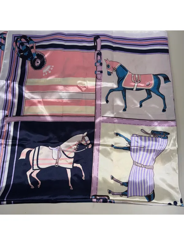Horse Equestrian Satin Scarf 90x90cm Pink Blue Square - Image 3