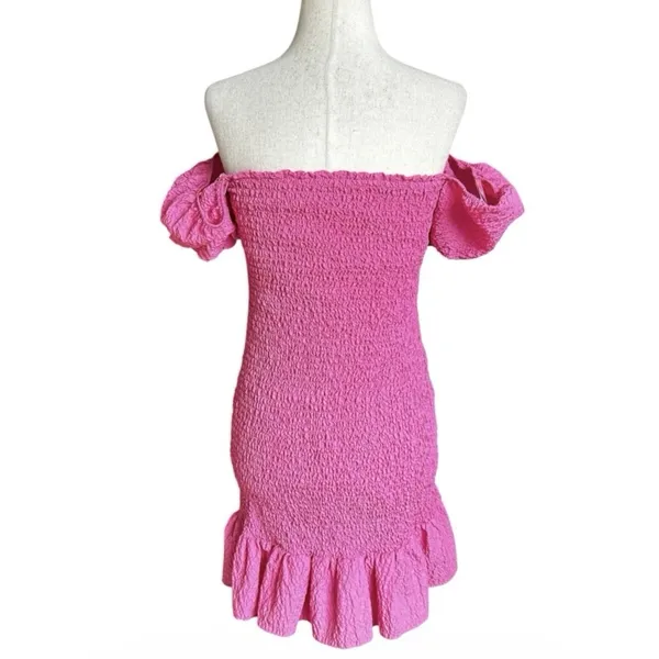Zara Textured Weave Puff Sleeve Dress Size Medium Pink Ruffle Mini Dress | 8-21 - Image 3