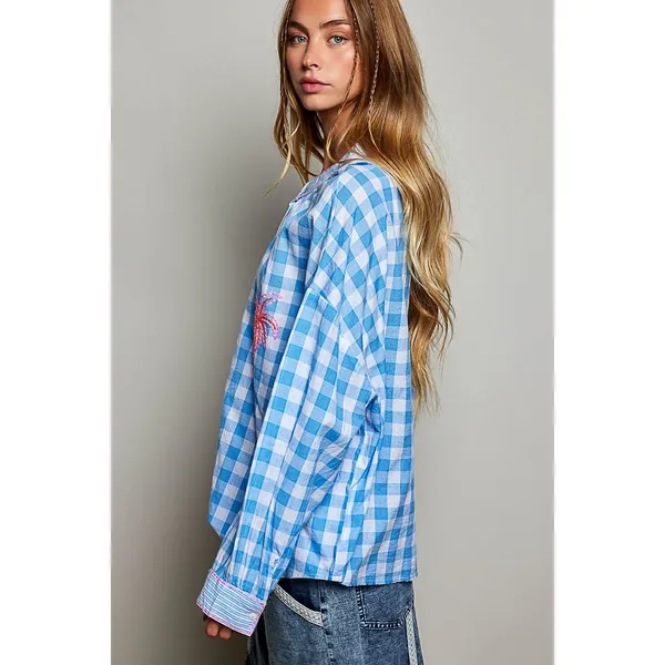 POL Gingham Embroidered Palm Tree Blouse - Small - Image 2