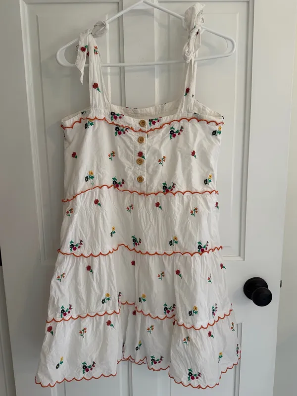 Sézane White Embroidered Floral Cotton Tie Shoulder‎ Tiered Mini Dress EU 38 M - Image 4