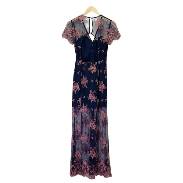 Lovers + Friends Shoreline Maxi Dress Navy Pink Lace Size Small Sheer Floral - Image 2