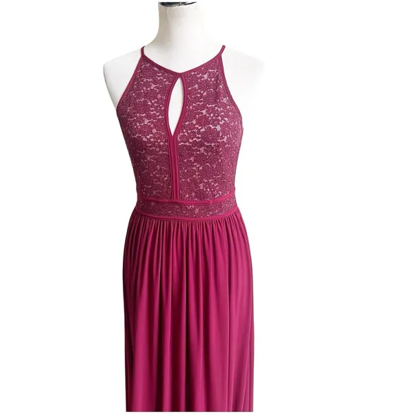 Morgan & Co Size Small Keyhole Sequins Tie Back Halter Maxi Dress Prom Maroon - Image 6