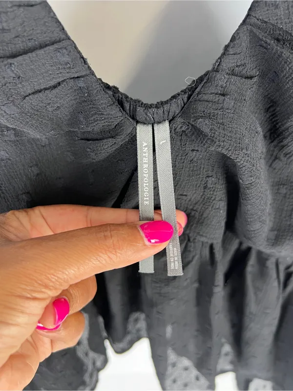 Anthropologie Black Sheer Peplum Blouse Size L Swiss Dot Long Sleeve - Image 7