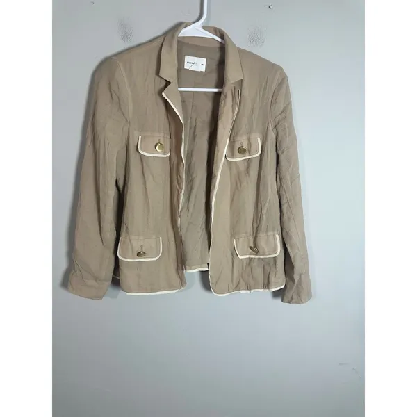 Club Monaco Womens Tan Cotton Silk Utility Safari‎ Blazer Jacket Gold Buttons 4 - Image 2