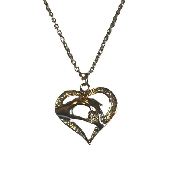 Silver Tone Diamond Heart Mother Child Holding Hands Pendant Adjustable Necklace - Image 2