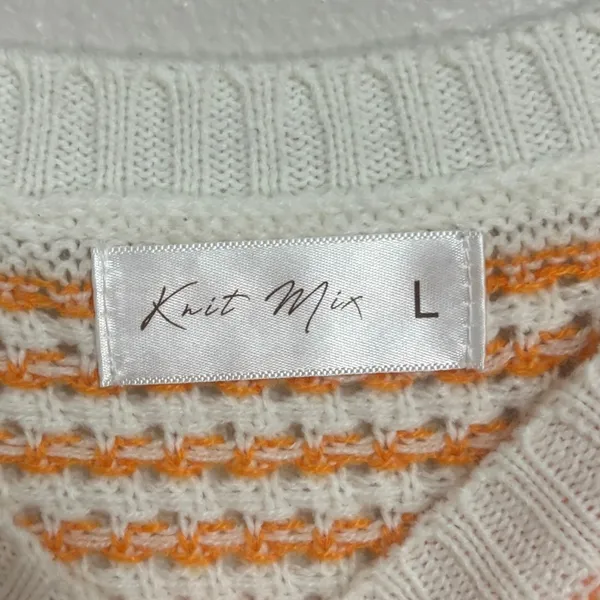 Knit Mix Sweater Vest White Orange Striped Textured Knit Boxy Preppy Coastal L - Image 5