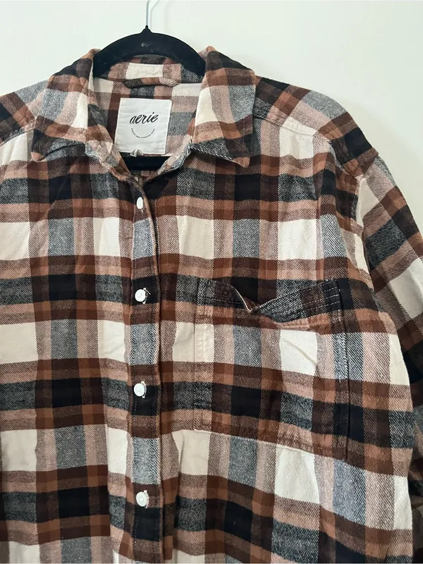 Aerie 100% Cotton Oversized Brown Button Up Flannel Shirt Large Rustic Fall - Image 3