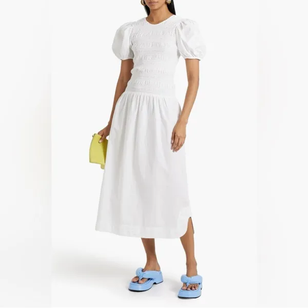 Ganni Smocked Poplin Midi‎ Dress in White Organic Cotton - Image 2