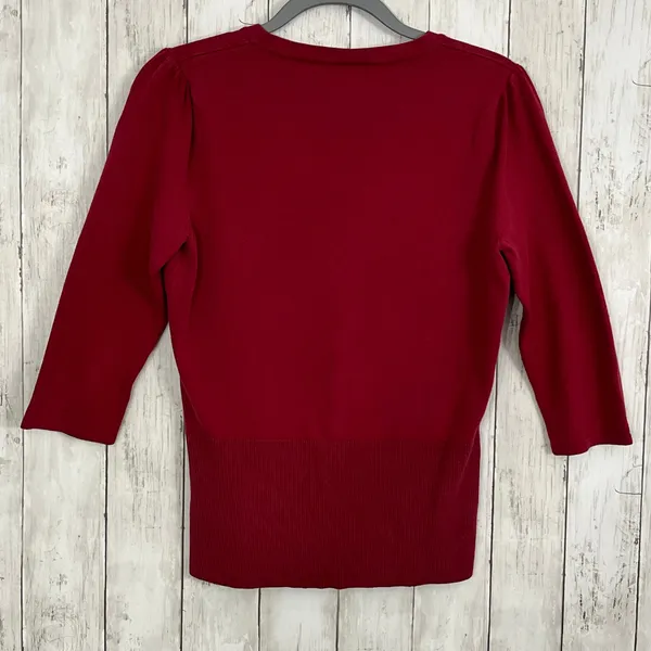 Fashion Bug Red 3/4 Sleeve Button Ruffle Accent Knit Pullover Sweater Small - Image 2