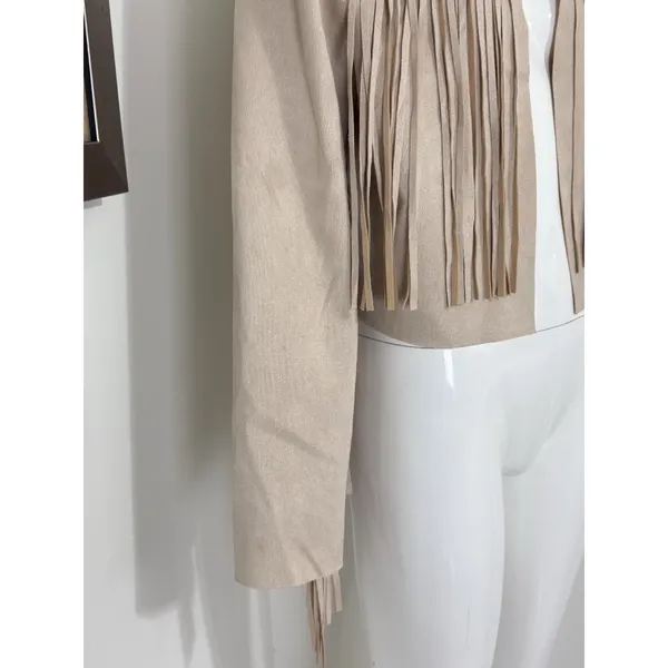 Women’s Boho Western Fringe Faux Suede Jacket Beige Festival Cowgirl Size L - Image 5