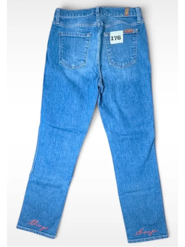 Women's 7 For All Mankind Straight Leg Jeans Size 28 Blue Red Embroidered - Image 4