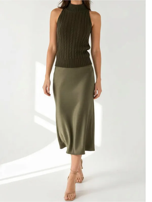 LILYSILK Classic High-Neck Cable-Knit Sleeveless Silk Top, Pine, Large - Image 2
