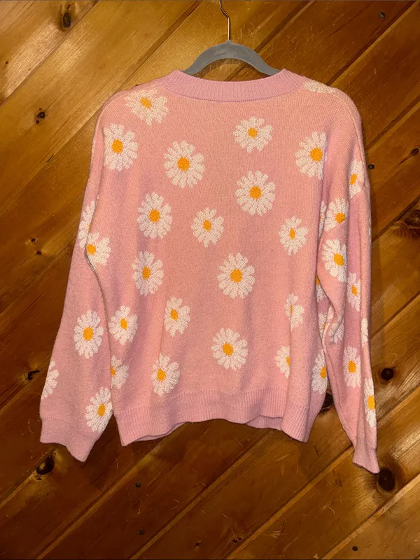 SheIn Hot pink Daisy floral print open front button cardigan sweater - Image 8