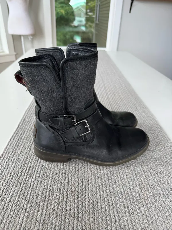 UGG Black Leather Gray Wool Side Zip Moto Boots Booties Size 7 - Image 7