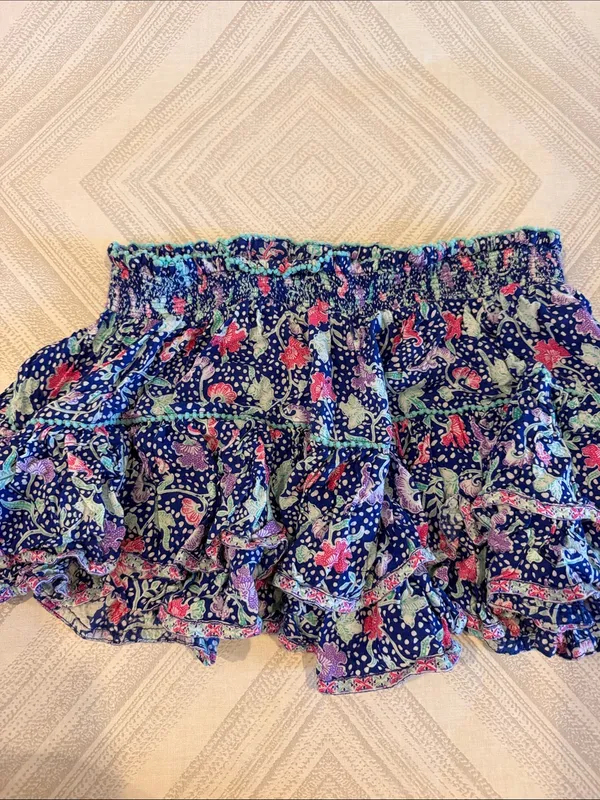 Poupette St Barth Navy Floral Ruffle Mini Skirt Small Medium Mini Pom Poms - Image 6