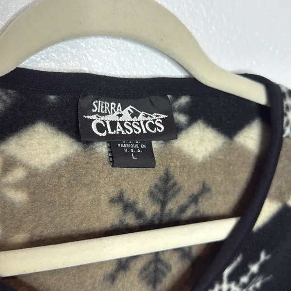 Vintage Sierra Classics Large Snowflake Fleece Vest Tan Black White Full Zip L - Image 2