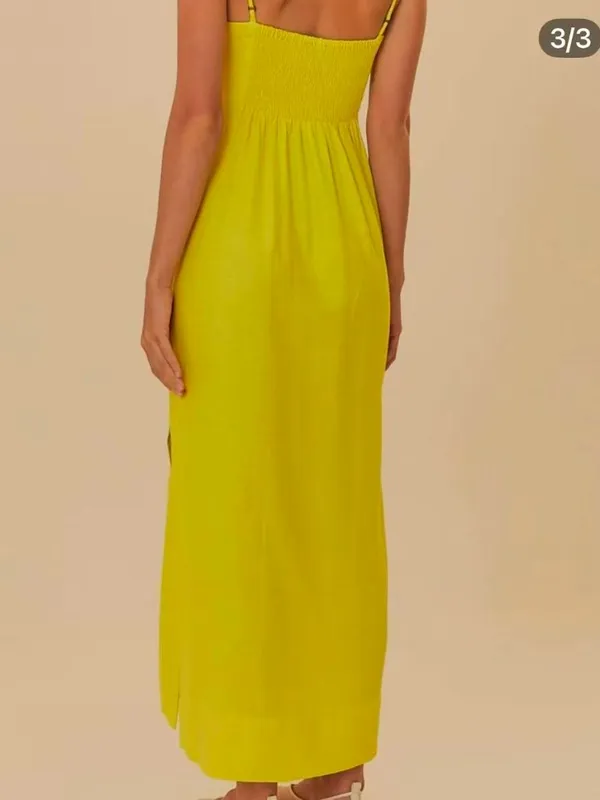 NWOT Farm Rio Linen Blend Yellow Sleeveless Midi Dress Size L - Image 3