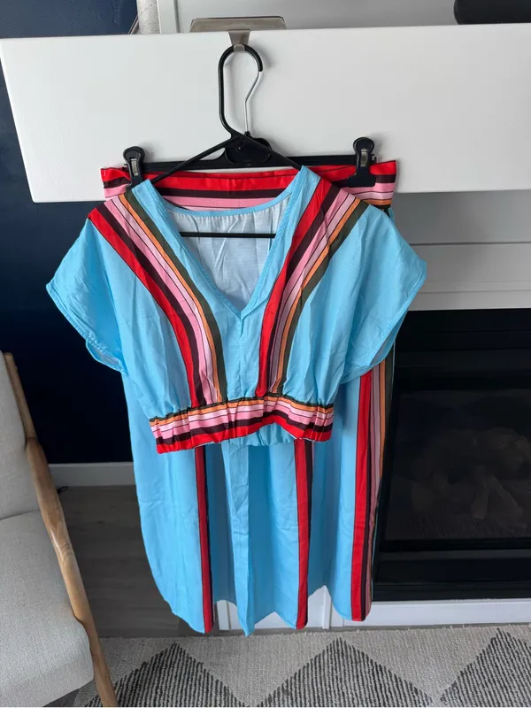 Rosa Clothing Boho Color Block Stripe V Neck Top Skirt Set Medium - Image 2