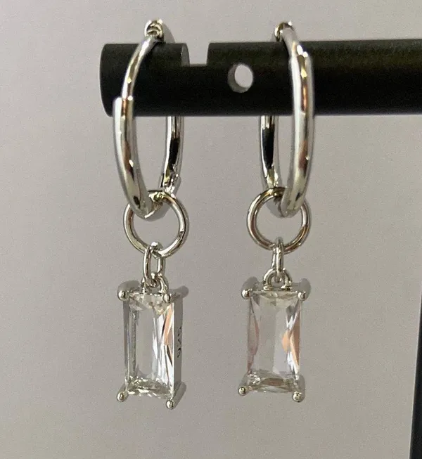 925 Silver Plated Crystal Dangle Drop Earrings for Men Women,Silver Hoop Earrings - Image 4