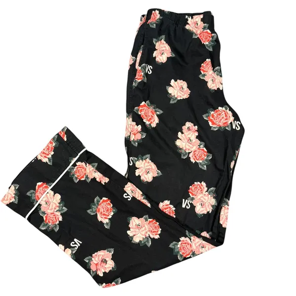 Victoria's Secret Pajama Pants Womens Medium Black Floral Rose VS Lounge Cotton - Image 7