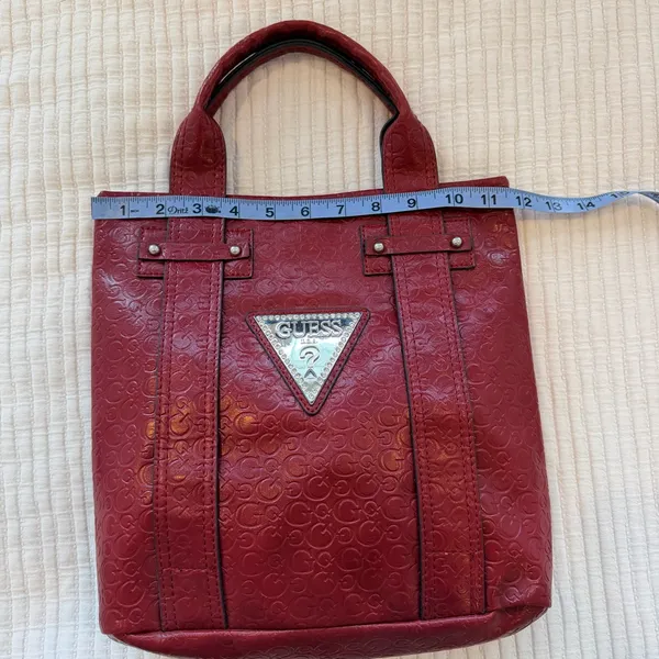 GUESS Y2K Burgundy Monogram Hand Bag Signature Silver Triangle Rhinestone Logo - Image 9
