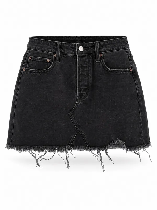 American Eagle Black Distressed Denim Raw Hem Mini Skirt Size 6 - Image 2