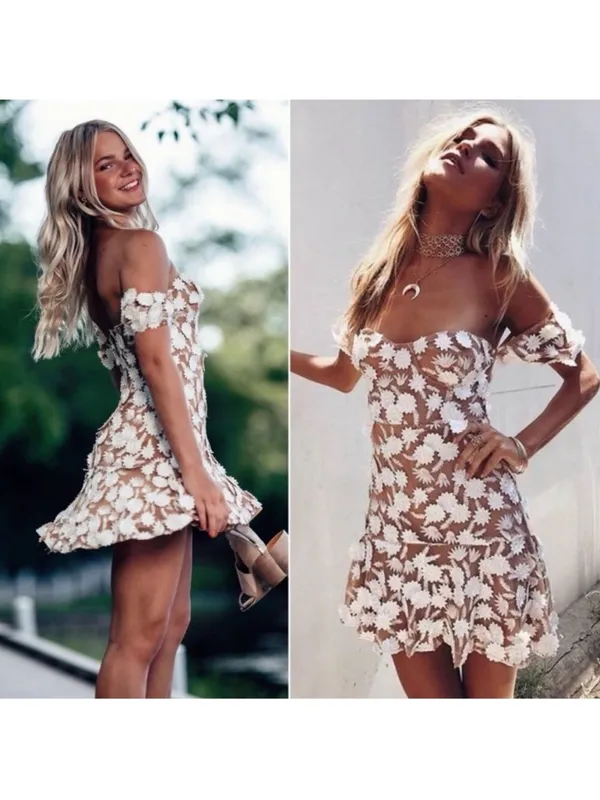 For Love & Lemons Amelia Floral Appliqué Off Shoulder Mini Dress in Medium - Image 3