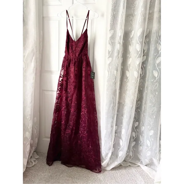 New Lulus Always With You Burgundy Floral Embroidered Organza Maxi Dress sz S - Image 2