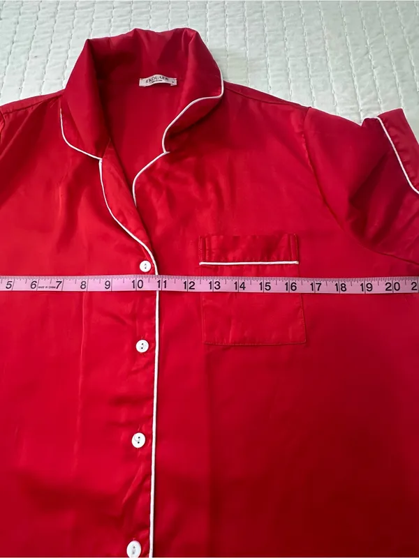 Ekouaer Bedtime Stories Red Satin Short-Sleeve Pajama Set with White Piping in Size M - Image 5