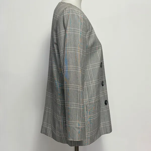 Vintage Worthington Blazer 10P Grey Plaid Double Breasted Collarless V-Neck 90s - Image 4