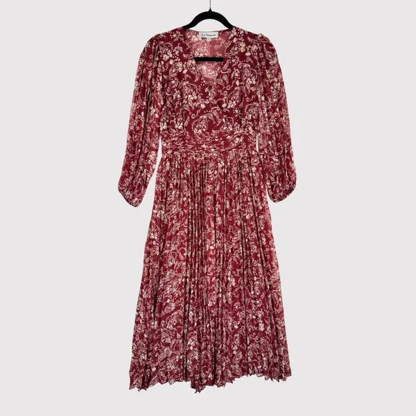 En Saison Womens Dress Red Maxi V Neck Floral Puff Sleeve Pleated Fairycore XS - Image 2