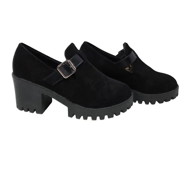 Black Faux Suede Chunky Lug Sole Platform Slip On Buckle Mary Jane Shoes Size 39 - Image 4